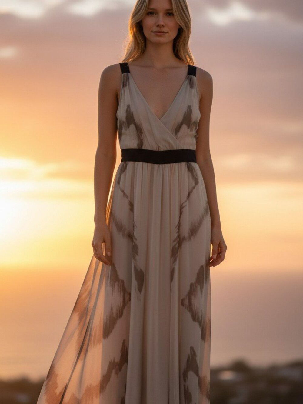Express Beige Maxi Dress with Black Waistband and Taupe Accents